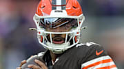 Cleveland Browns quarterback Shedeur Sanders (12) warms up before an NFL football game at Huntington Bank Field, Nov. 16, 2025, in Cleveland, Ohio.