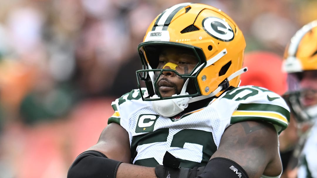 Green Bay Packers defensive end Rashan Gary (52) celebrates after a sack against the Cleveland Browns.
