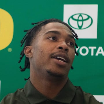 Oregon’s Gary Bryant Jr. answers questions during Oregon football’s media day Monday, July 29, 2024 at Autzen Stadium in Eugene, Ore.
