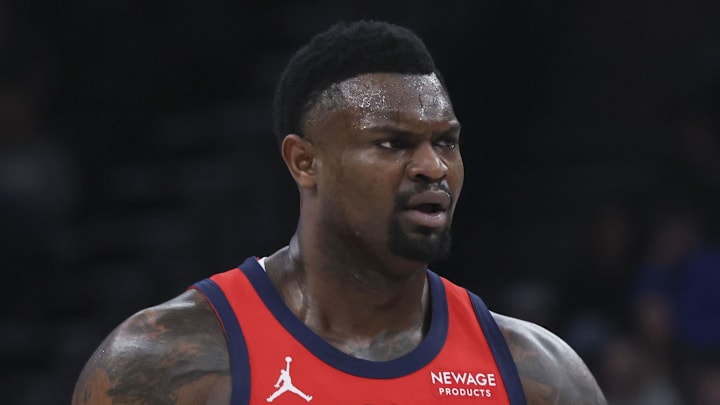 Feb 26, 2026; Salt Lake City, Utah, USA; New Orleans Pelicans forward Zion Williamson (1) reacts after a play against the Utah Jazz during the first half at Delta Center. Mandatory Credit: Rob Gray-Imagn Images