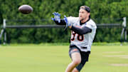 Cincinnati Bengals tight end Mike Gesicki (88) runs drills during practice, Tuesday, May 6, 2025, at the Kettering Health Practice Field in Downtown Cincinnati.