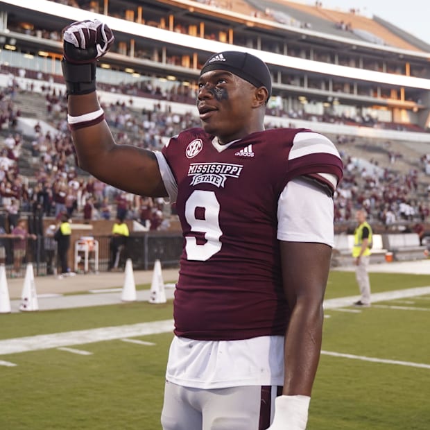 Mississippi State Bulldogs defensive end De'Monte Russell reacts after the game against the Texas A&M Aggies.