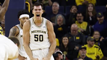 Dec 7, 2024; Ann Arbor, Michigan, USA;  Michigan Wolverines center Vladislav Goldin (50) reacts in the second half against the Iowa Hawkeyes at Crisler Center. Mandatory Credit: Rick Osentoski-Imagn Images