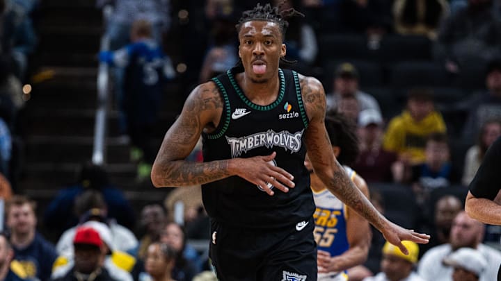 Apr 7, 2026; Indianapolis, Indiana, USA; Minnesota Timberwolves guard Bones Hyland (8) celebrates after a basket in the second half against the Indiana Pacers at Gainbridge Fieldhouse. Mandatory Credit: Trevor Ruszkowski-Imagn Images