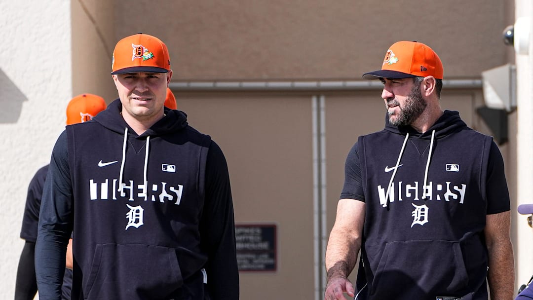 Detroit Tigers pitcher Tarik Skubal, left, and pitcher Justin Verlander walks toward practice field during spring training at TigerTown in Lakeland, Fla. on Thursday, Feb. 12, 2026.