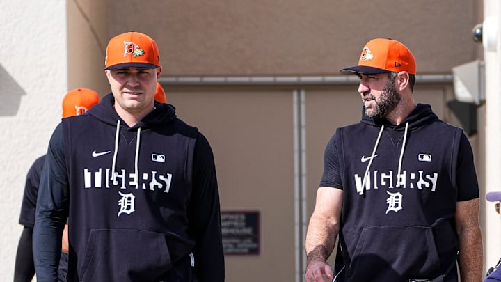 Detroit Tigers pitcher Tarik Skubal, left, and pitcher Justin Verlander walks toward practice field during spring training at TigerTown in Lakeland, Fla. on Thursday, Feb. 12, 2026.