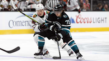 Oct 31, 2024; San Jose, California, USA; Chicago Blackhawks center Connor Bedard (98) and San Jose Sharks left winger Daniel Gushchin (75) battle for the puck during the first period at SAP Center at San Jose. Mandatory Credit: D. Ross Cameron-Imagn Images