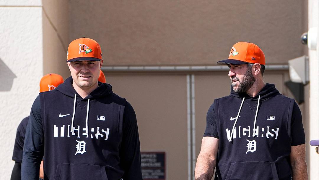 Detroit Tigers pitcher Tarik Skubal, left, and pitcher Justin Verlander walks toward practice field during spring training at TigerTown in Lakeland, Fla. on Thursday, Feb. 12, 2026.