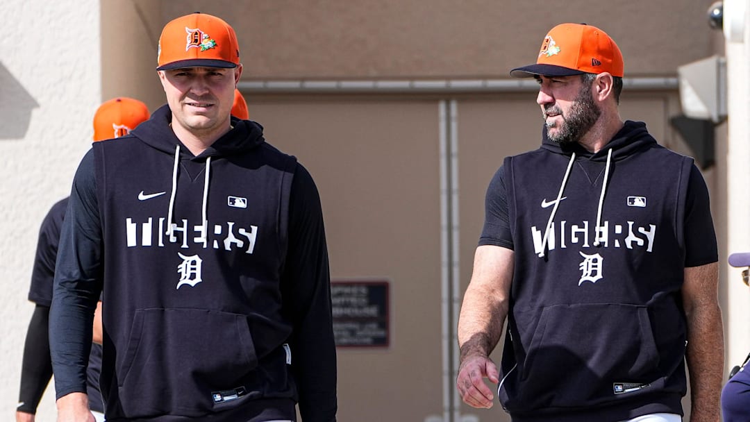 Detroit Tigers pitcher Tarik Skubal, left, and pitcher Justin Verlander walks toward practice field during spring training at TigerTown in Lakeland, Fla. on Thursday, Feb. 12, 2026.
