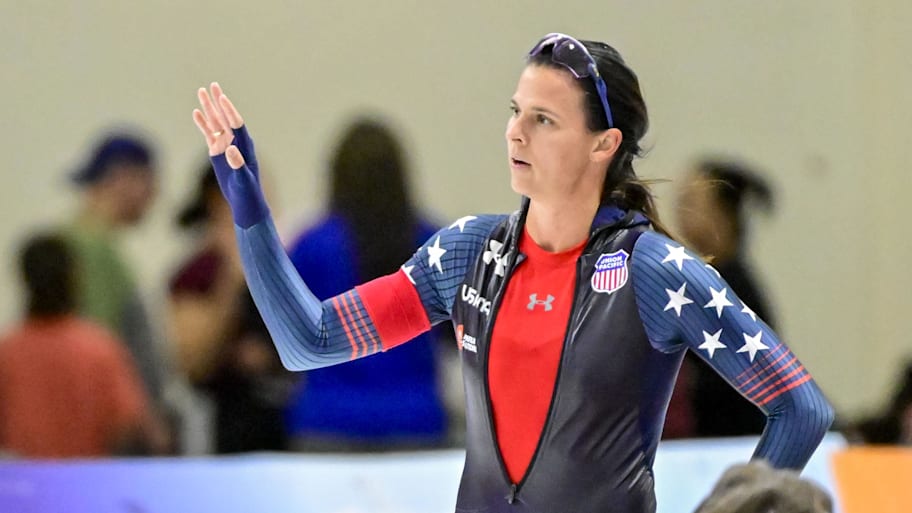 Brittany Bowe of USA waves to the crowd after the women's 1500m