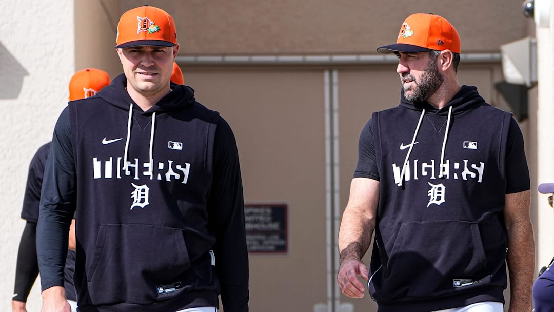 Detroit Tigers pitcher Tarik Skubal, left, and pitcher Justin Verlander walks toward practice field during spring training at TigerTown in Lakeland, Fla. on Thursday, Feb. 12, 2026.
