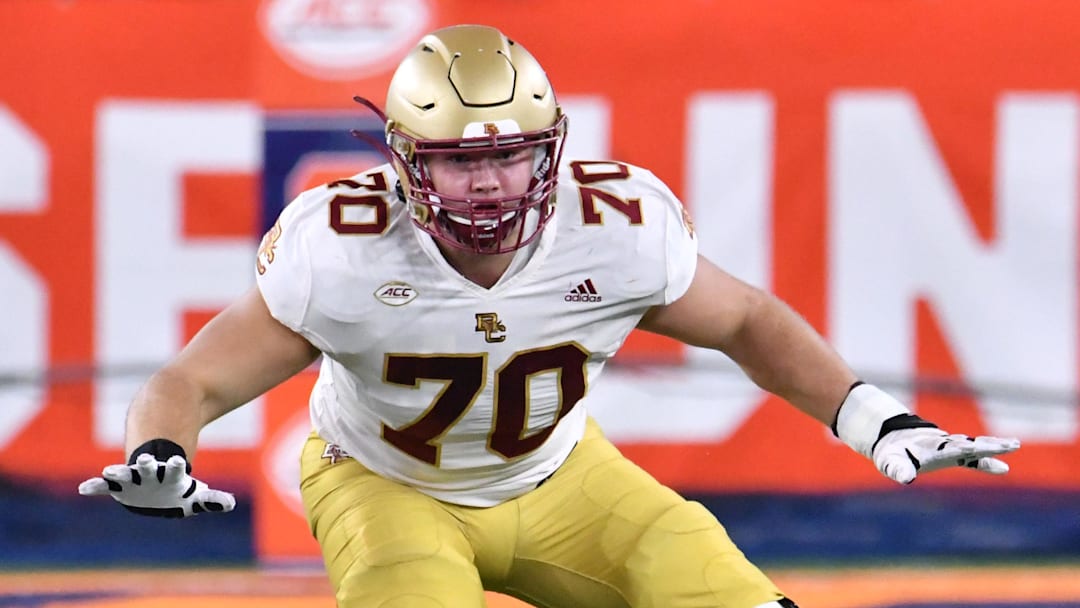 Oct 30, 2021; Syracuse, New York, USA; Boston College Eagles offensive lineman Ozzy Trapilo (70) in pass protestion against the Syracuse Orange in the fourth quarter at the Carrier Dome. Mandatory Credit: Mark Konezny-Imagn Images