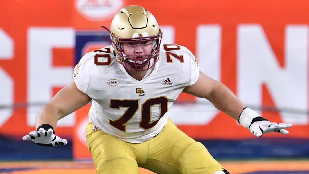 Oct 30, 2021; Syracuse, New York, USA; Boston College Eagles offensive lineman Ozzy Trapilo (70) in pass protestion against the Syracuse Orange in the fourth quarter at the Carrier Dome. Mandatory Credit: Mark Konezny-Imagn Images