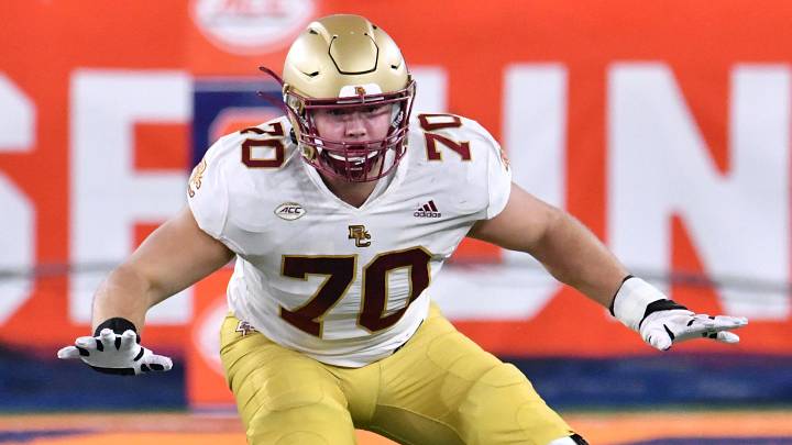 Oct 30, 2021; Syracuse, New York, USA; Boston College Eagles offensive lineman Ozzy Trapilo (70) in pass protestion against the Syracuse Orange in the fourth quarter at the Carrier Dome. Mandatory Credit: Mark Konezny-Imagn Images