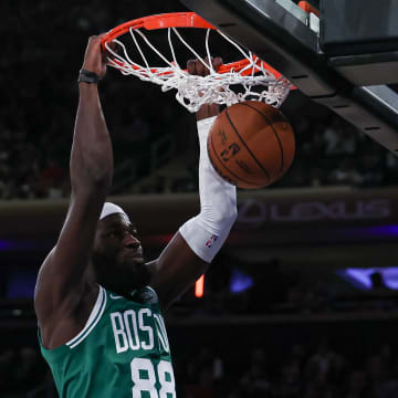 Oct 9, 2023; New York, New York, USA; Boston Celtics center Neemias Queta (88) dunks the ball during the first half against the New York Knicks at Madison Square Garden. Mandatory Credit: Vincent Carchietta-USA TODAY Sports