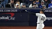 Oct 29, 2024; Bronx, New York, USA; New York Yankees outfielder Juan Soto (22) reacts after a strike out against the Los Angeles Dodgers in the sixth inning during game four of the 2024 MLB World Series at Yankee Stadium. 