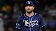 Jul 10, 2025; Boston, Massachusetts, USA; Tampa Bay Rays relief pitcher Bryan Baker (47) looks on from the mound during the seventh inning against the Boston Red Sox at Fenway Park
