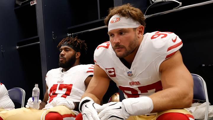 San Francisco 49ers defensive ends Bryce Huff (47) and Nick Bosa (97)