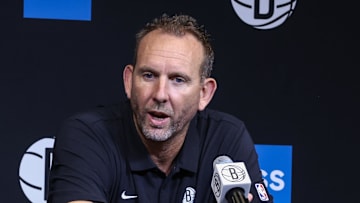Sep 23, 2025; Brooklyn, NY, USA;  Brooklyn Nets general manager Sean Marks speaks at Media Day.  Mandatory Credit: Wendell Cruz-Imagn Images