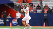 Nov 25, 2023; Syracuse, New York, USA; Wake Forest Demon Deacons wide receiver Taylor Morin (2) catches the ball against the Syracuse Orange during the second half at the JMA Wireless Dome. Mandatory Credit: Rich Barnes-USA TODAY Sports