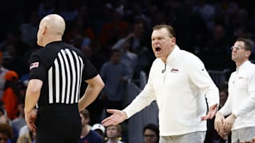 Mar 28, 2024; Boston, MA, USA; Illinois Fighting Illini head coach Brad Underwood reacts against the Iowa State Cyclones in the semifinals of the East Regional of the 2024 NCAA Tournament at TD Garden. Mandatory Credit: Winslow Townson-Imagn Images