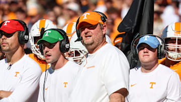 Sep 27, 2025; Starkville, Mississippi, USA; Tennessee Volunteers head coach Josh Heupel looks on against the Mississippi State Bulldogs during the first half at Davis Wade Stadium at Scott Field. Mandatory Credit: Wesley Hale-Imagn Images