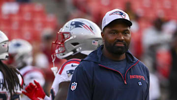 Aug 25, 2024; Landover, Maryland, USA;  New England Patriots head coach Jerod Mayo walks the field before the strat of the preseason match up against the Washington Commanders at Commanders Field. Mandatory Credit: Tommy Gilligan-USA TODAY Sports