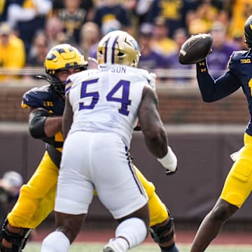 Michigan quarterback Bryce Underwood (19) makes a pass against Washington during the first half at Michigan Stadium in Ann Arbor on Saturday, Oct. 18, 2025.