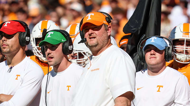 Sep 27, 2025; Starkville, Mississippi, USA; Tennessee Volunteers head coach Josh Heupel looks on against the Mississippi State Bulldogs during the first half at Davis Wade Stadium at Scott Field. Mandatory Credit: Wesley Hale-Imagn Images