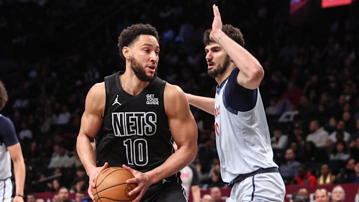 Brooklyn Nets guard Ben Simmons looks to post up against Washington Wizards forward Tristan Vukcevic.Images Brooklyn Nets guard Ben Simmons looks to post up against Washington Wizards forward Tristan Vukcevic.Images