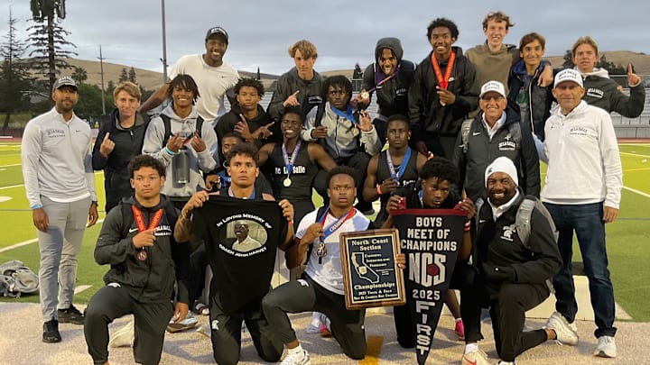 De La Salle's 2025 track and field team and coaches following off a stirring performance for their late head coach John Harvey at Dublin High School, May 24, 2025. De La Salle's 2025 track and field team and coaches following off a stirring performance for their late head coach John Harvey at Dublin High School, May 24, 2025.