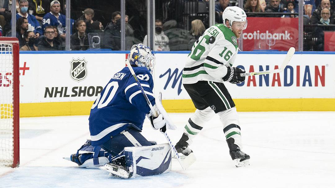 Mar 15, 2022; Toronto, Ontario, CAN; Dallas Stars center Joe Pavelski (16) battles for the puck in front of Toronto Maple Leafs goaltender Krik Kallgren (50) during the second period at Scotiabank Arena. Mandatory Credit: Nick Turchiaro-Imagn Images