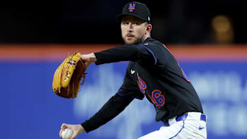 May 23, 2025; New York City, New York, USA; New York Mets starting pitcher Griffin Canning (46) pitches against the Los Angeles Dodgers during the third inning at Citi Field. Mandatory Credit: Brad Penner-Imagn Images