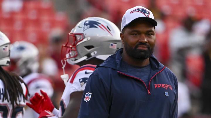 Aug 25, 2024; Landover, Maryland, USA;  New England Patriots head coach Jerod Mayo walks the field before the strat of the preseason match up against the Washington Commanders at Commanders Field. Mandatory Credit: Tommy Gilligan-USA TODAY Sports