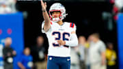 New England Patriots place kicker Andy Borregales (36) tries to line up a practice kick, Thursday, August 21, 2025, in East Rutherford.