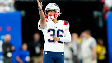 New England Patriots place kicker Andy Borregales (36) tries to line up a practice kick, Thursday, August 21, 2025, in East Rutherford.