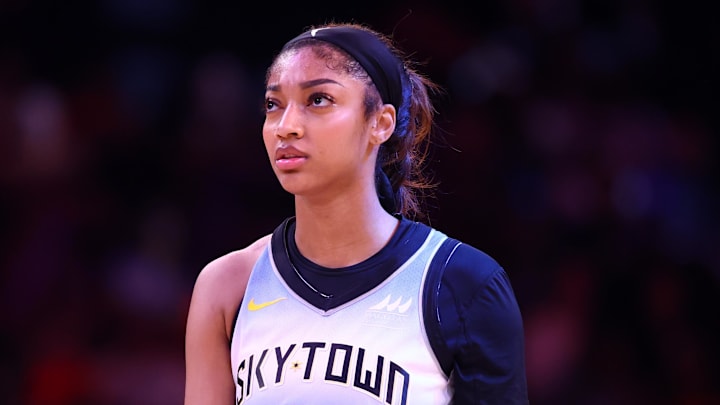Aug 28, 2025; Phoenix, Arizona, USA; Chicago Sky forward Angel Reese (5) against the Phoenix Mercury at Phx Arena. Mandatory Credit: Mark J. Rebilas-Imagn Images