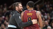 Jan 28, 2018; Cleveland, OH, USA; Cleveland Cavaliers forward Kevin Love (0) and forward Channing Frye (8) celebrate after a basket during the first half against the Detroit Pistons at Quicken Loans Arena. Mandatory Credit: Ken Blaze-Imagn Images