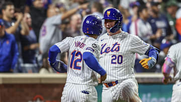 Sep 3, 2024; New York City, New York, USA;  New York Mets first baseman Pete Alonso (20) celebrates with shortstop Francisco Lindor (12) after hitting a two-run home run in the eighth inning against the Boston Red Sox at Citi Field. Mandatory Credit: Wendell Cruz-Imagn Images