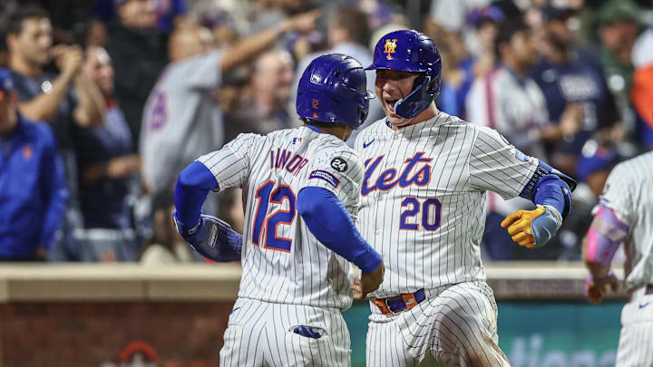 Sep 3, 2024; New York City, New York, USA;  New York Mets first baseman Pete Alonso (20) celebrates with shortstop Francisco Lindor (12) after hitting a two-run home run in the eighth inning against the Boston Red Sox at Citi Field. Mandatory Credit: Wendell Cruz-Imagn Images