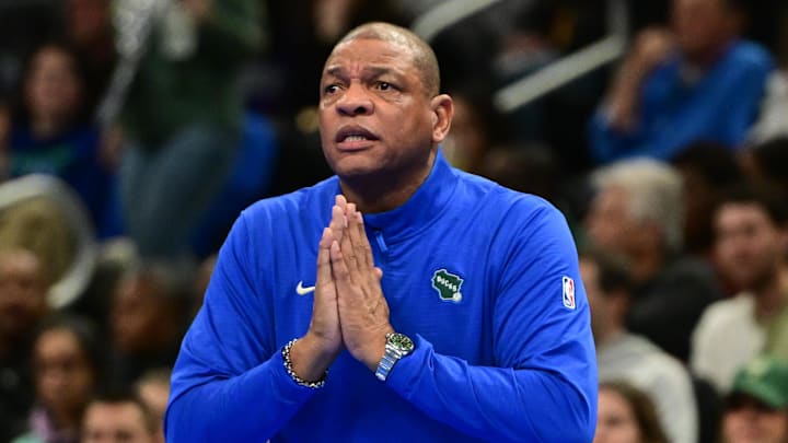 Milwaukee Bucks head coach Doc Rivers reacts in the second quarter against the Indiana Pacers at Fiserv Forum on November 22, 2024.