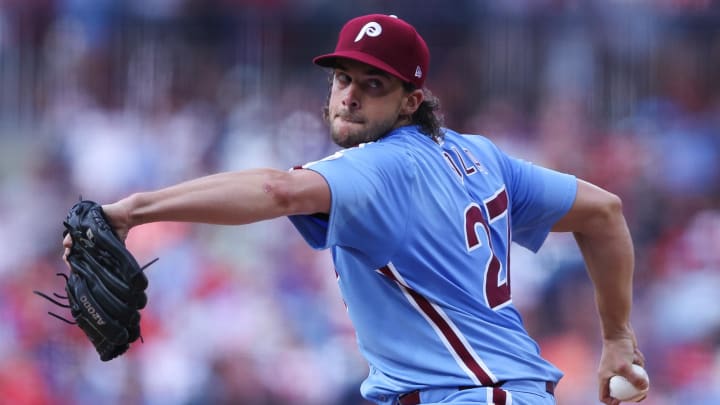 Jul 11, 2024; Philadelphia, Pennsylvania, USA; Philadelphia Phillies pitcher Aaron Nola (27) throws a pitch during the second inning against the Los Angeles Dodgers at Citizens Bank Park. Mandatory Credit: Bill Streicher-USA TODAY Sports