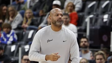Nov 30, 2024; Detroit, Michigan, USA;  Detroit Pistons head coach J. B. Bickerstaff on the sideline in the first half against the Philadelphia 76ers at Little Caesars Arena. Mandatory Credit: Rick Osentoski-Imagn Images