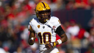 Nov 25, 2022; Tucson, Arizona, USA; Arizona State Sun Devils defensive back Ed Woods (10) against the Arizona Wildcats during the Territorial Cup at Arizona Stadium. Mandatory Credit: Mark J. Rebilas-USA TODAY Sports