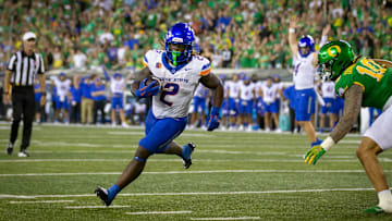 Boise State running back Ashton Jeanty carries the ball for a touchdown as the Oregon Ducks host the Boise State Broncos Saturday, Sept. 7, 2024 at Autzen Stadium in Eugene, Ore.