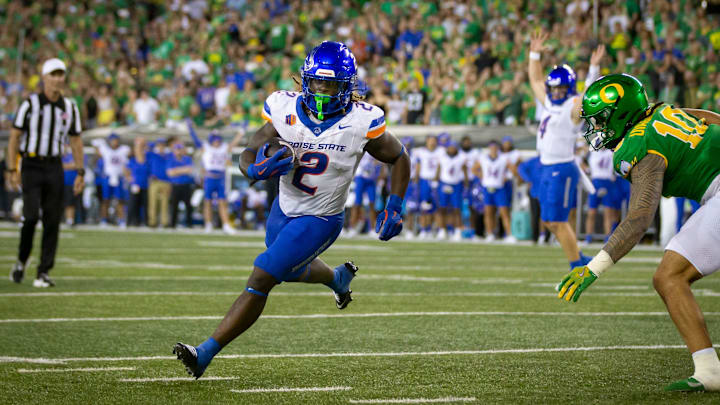 Boise State running back Ashton Jeanty carries the ball for a touchdown as the Oregon Ducks host the Boise State Broncos Saturday, Sept. 7, 2024 at Autzen Stadium in Eugene, Ore.