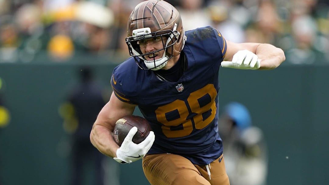 Nov 2, 2025; Green Bay, Wisconsin, USA;  Green Bay Packers tight end Luke Musgrave (88) during the game against the Carolina Panthers at Lambeau Field. Mandatory Credit: Jeff Hanisch-Imagn Images