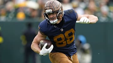 Nov 2, 2025; Green Bay, Wisconsin, USA;  Green Bay Packers tight end Luke Musgrave (88) during the game against the Carolina Panthers at Lambeau Field. Mandatory Credit: Jeff Hanisch-Imagn Images