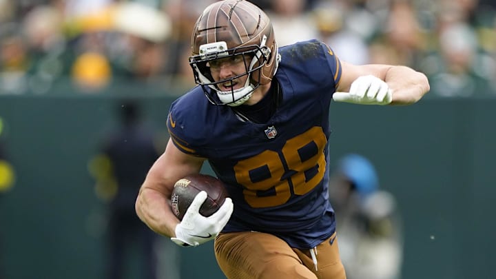 Nov 2, 2025; Green Bay, Wisconsin, USA;  Green Bay Packers tight end Luke Musgrave (88) during the game against the Carolina Panthers at Lambeau Field. Mandatory Credit: Jeff Hanisch-Imagn Images