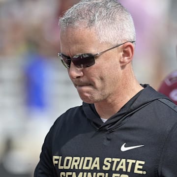 Oct 11, 2025; Tallahassee, Florida, USA; Florida State Seminoles head coach Mike Norvell after losing the game to the Pittsburgh Panthers at Doak S. Campbell Stadium. Mandatory Credit: Melina Myers-Imagn Images